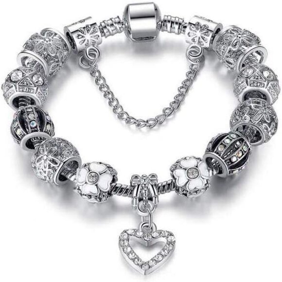 Silver Tone Charm Bracelet with Beads Snake Chain for Women Gifts - Picture 1 of 4